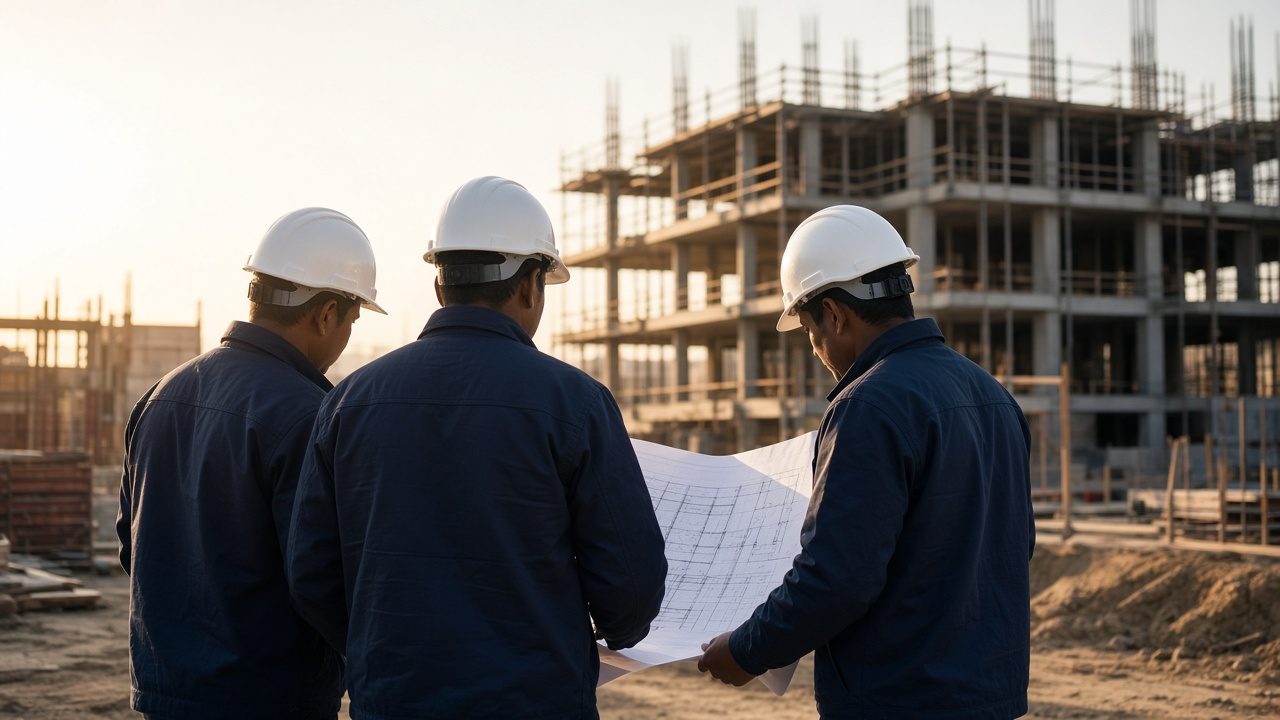 Bauleitung von Triexa bespricht Baupläne auf der Baustelle